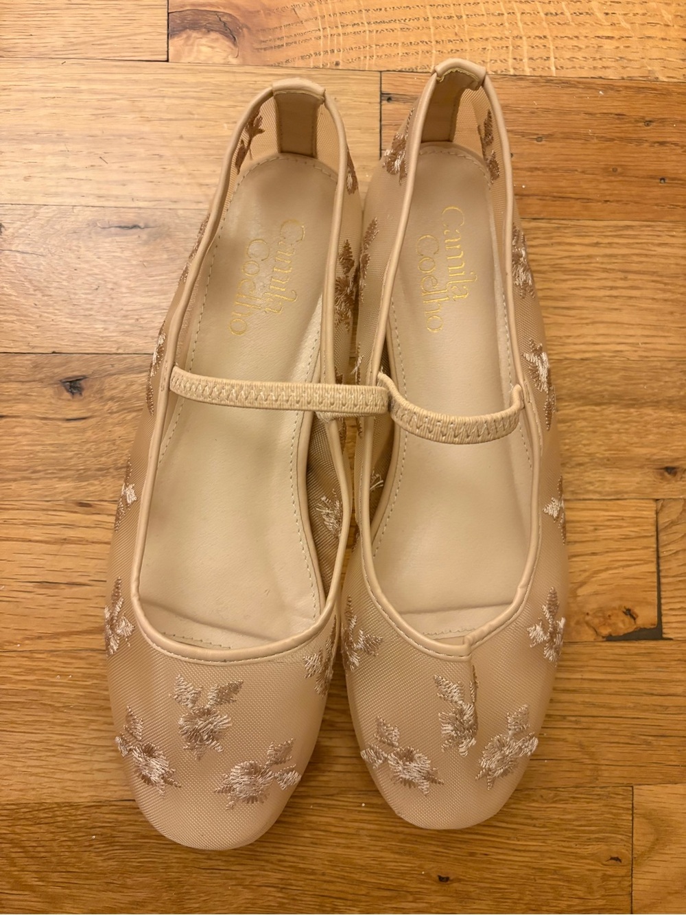 Beige Embroidered Mary Jane Flats
